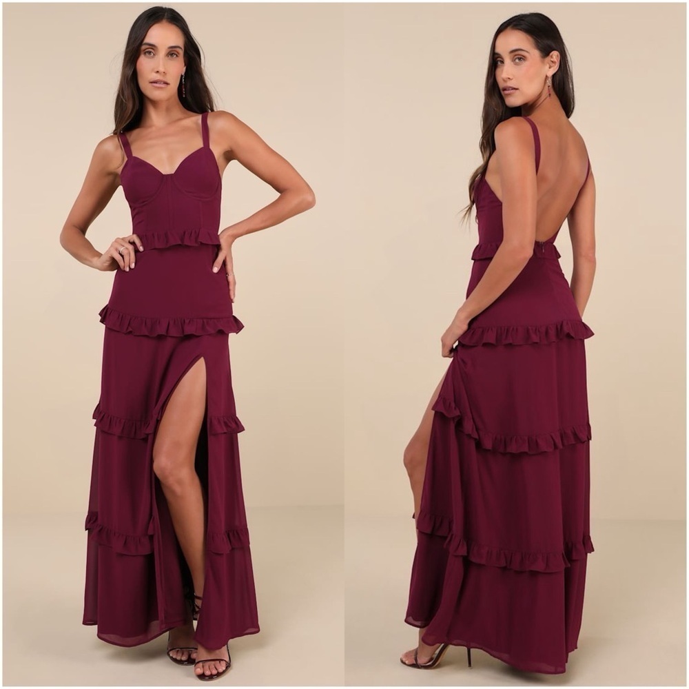 LULU’S Sincerely Poised Plum Purple Backless Bustier Tiered Maxi Dress